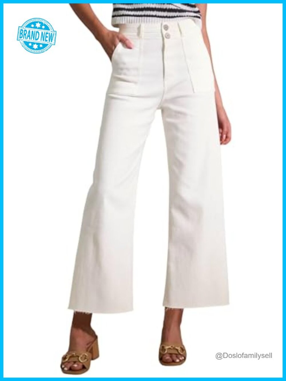 Womens High Rise Two Button Closure Cropped Wide Leg Frayed Hem Denim Jeans